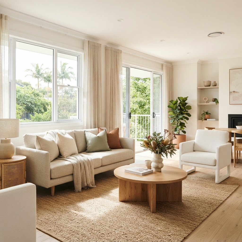 A bright, decluttered living room staged for a property inspection